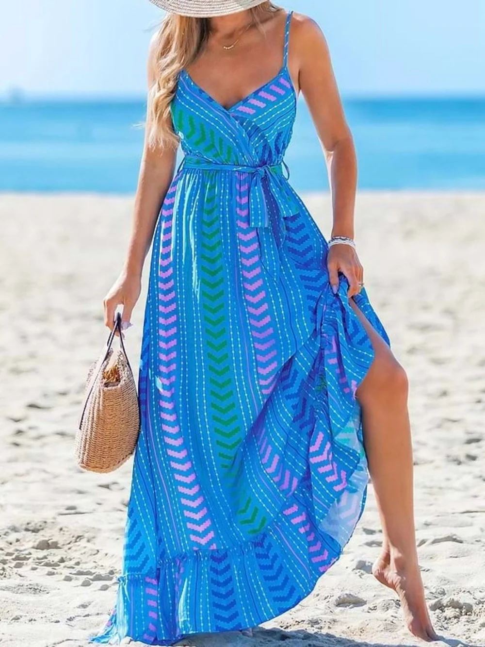 Cupshe Moonlit Stroll Blue Boho Maxi Dress Ruffle Hem Striped NWT Size Small - Picture 6 of 7